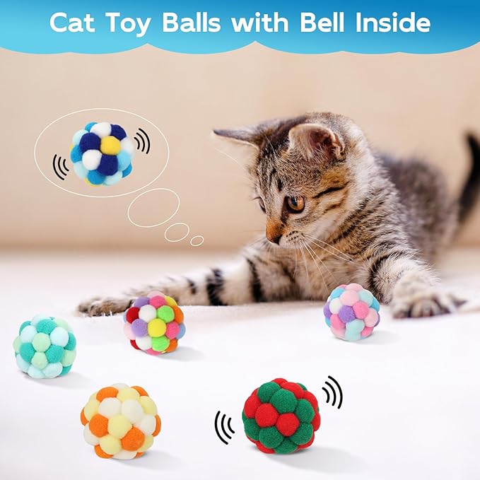 TUSATIY Interactive Cat Ball Toy, 6PCS Fuzzy Kitty Balls with Bells,Cats Pom Pom Balls for Kittens to Keep Busy,Colorful Cat Chew Toys for Indoor Cats