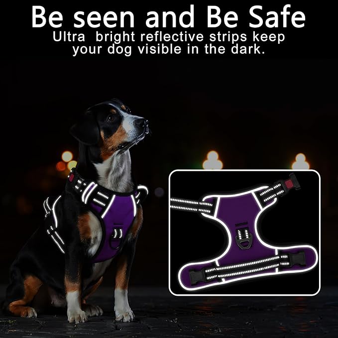 Timos Dog Harness Large Sized, No Pull with Neck Lockable Snap,No Choke Front Clip Dog Reflective Harness,Adjustable Metal Rings 3 Buckles,Easy Control Handle for Large Dogs Purple XL