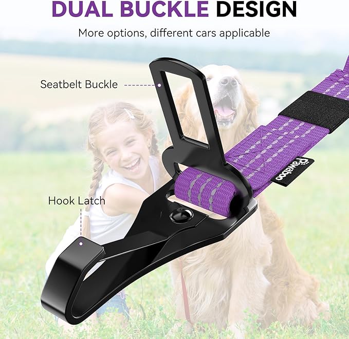 Pawaboo Dog Seatbelt for Car, 3-in-1 Dog Seat Belt Bungee, Shockproof Dogs Tether for Car with Buckle & Hook Latch, Adjustable Reflective Dogs Cars Harness Leash with 360° Lockable Buckle, Purple