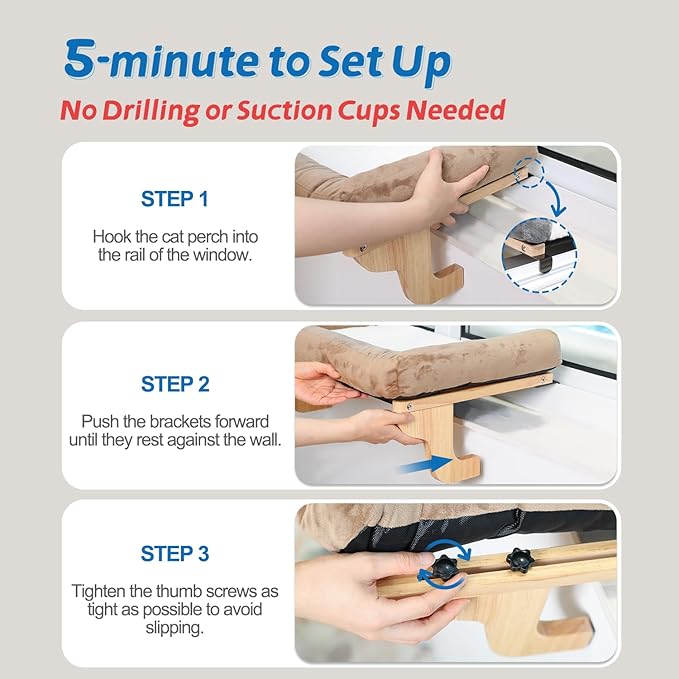 Cat Perch for Window Sill with Bolster - Orthopedic Hammock Design with Premium Hardwood & Robust Metal Frame - Cat Window Seat for Large Cats and Kittens - Natural Color Wood with Brown Bed