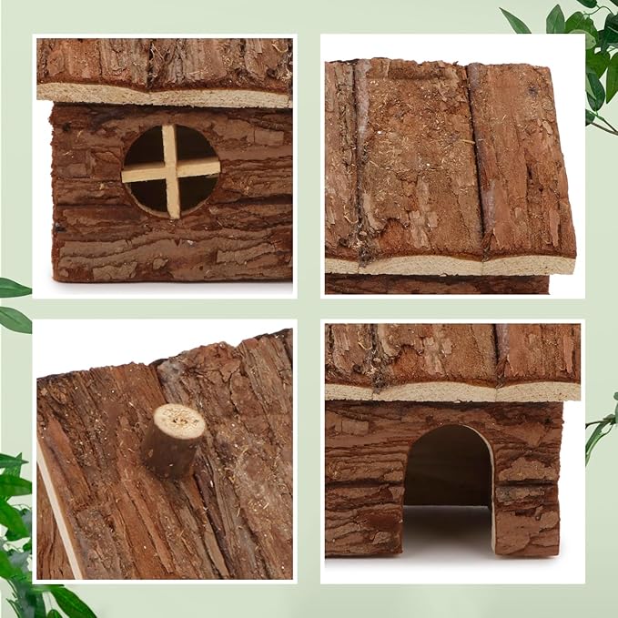 Hypeety Natural Wooden Hamster House Cage Small Animals House with Chimney for Pet Rats Gerbil Hideout Play House (S)