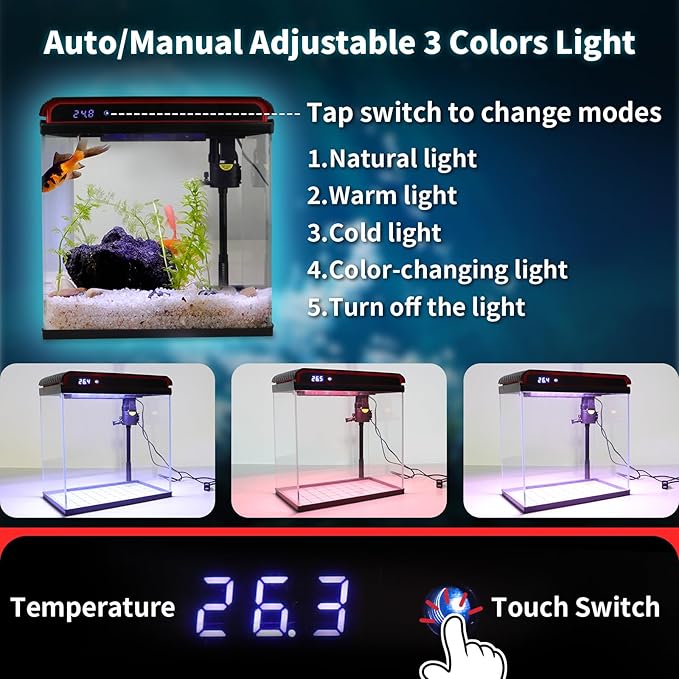 20 Gallon Fish Tank, Large Smart Aquarium with Self-Cleaning Pump 3 Color Lights Water Temperature Detection System, Smart Fish Tank for Betta Shrimp Guppy Goldfish Beta, Home Decor Gift with Tank
