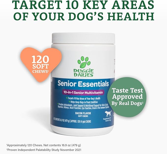 Doggie Dailies Senior Essentials Multivitamin for Dogs Soft Chews | Advanced Dog Multivitamin | Nutritional Support for Joints, Skin & Coat, Digestion, and the Immune System | Bacon Flavor | 120 Count