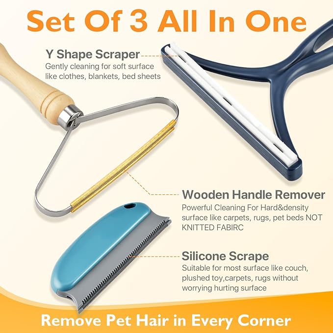 Pet Hair Removal Tool 3 Pack Dog Cat Hair Remover Carpet Scraper Rake Fur Removal Brush Lint Remover Shaver for Car Furniture Couch