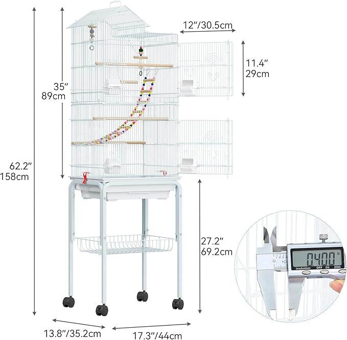 YITAHOME 62 inch Metal Bird Cage, Large Parakeet Cages for Parrot, Cockatiel, Lovebird, Pigeon with Roof Top, Rolling Stand and Hanging Accessories, White