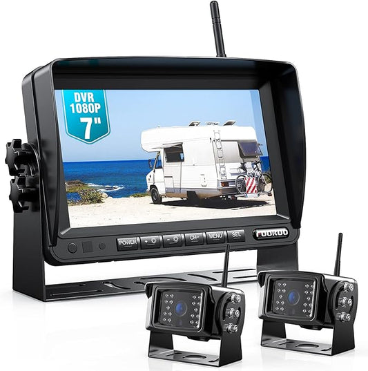 Fookoo 1080P 7" Wireless Backup Camera System, 7" HD Dual/Quad Split Monitor with Recording, IP69 Waterproof Rear View Front View Cameras with Parking Lines, Suits for RV/Truck/Trailer/Van/Bus(DW702)
