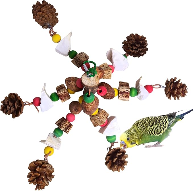 kathson Parrot Chew Toys, Medium Size Natural Wooden Bird Toys with Colorful Blocks, Hanging Bird Cage Accessories for Cockatiels, Conure, Cockatoos, 2 Pack (Style B)