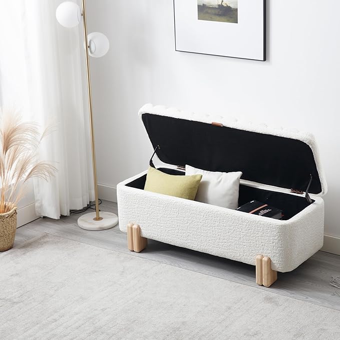 Wavy Ottoman Storage Bench Multi-Functional Narrow Entryway Bench Elegant End of Bed Bench with Storage and Safty Hinge for Living Room Entryway Hallway Bedroom Boutique, White