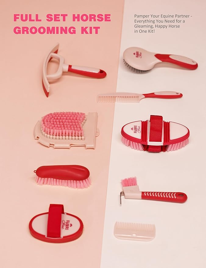 11PCS Horse Grooming Kit Curry Comb Sweat Scraper Horse Bathing Supplies Grooming Tools with Storage Bag Pink Garnet