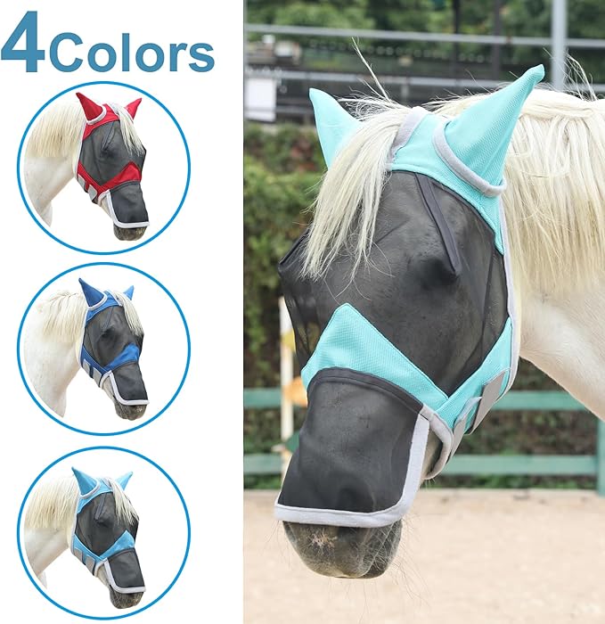 Horse Fly Mask with Ears & Long Nose Cover | Forelock Opening for Tangle-Free Mane Care | UV Protection & Breathable Mesh | No Rub Fit and Enhanced Visbility for Trail Riding Turquoise Pony