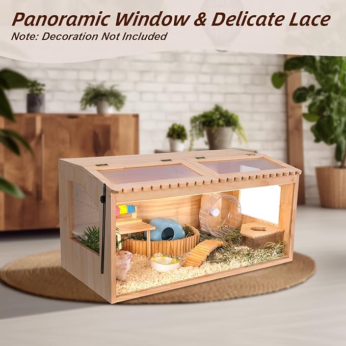 Wooden Hamster Cages and Habitats, 40"x20"x20" Guinea Pig Cage, Small Animal Cage for Dwarf Syrian Hamsters Degus Mice & Other Small Pets. Big Hamster Habitat with 2 Adjustable skylights.