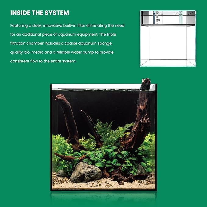 Ultum Nature Systems Dual AIO - Freshwater/Saltwater Compatible All in One Rimless Tank with Triple Chamber Filtration System, Integrated Filter Aquarium w/Leveling Mat - 11 Gallon, 35A, Black