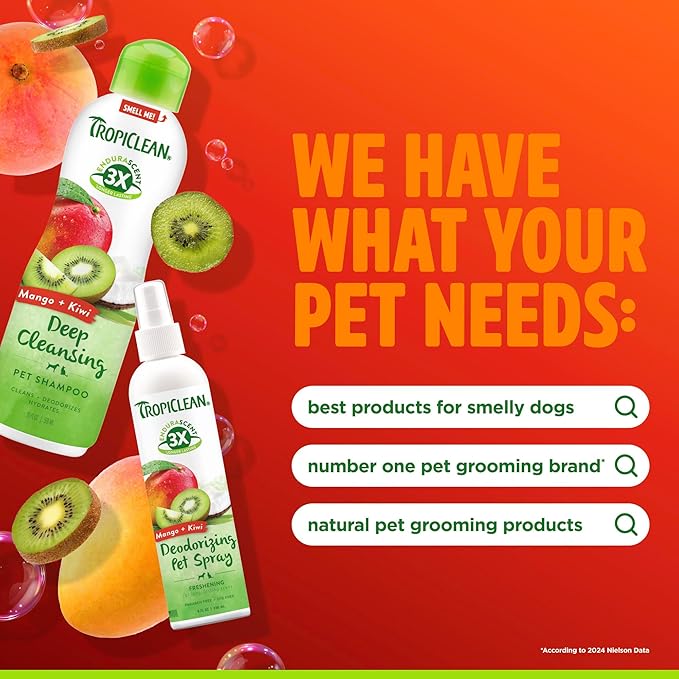 TropiClean Dog Perfume, Long Lasting Mango Kiwi Cologne, Deodorizing Spray for Smelly Dogs, After Bath Detangling Spray, Safe for Cats, 8oz.