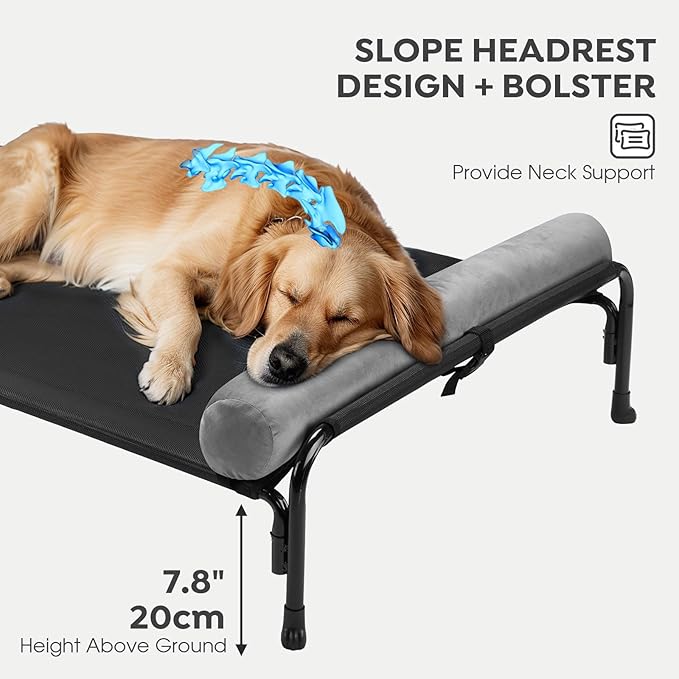 Veehoo Large Elevated Dog Bed, Outdoor Raised Dog Cot Hammock Bed with One-Sided Removable Headrest Bolster, Cooling Breathable Washable Teslin Mesh, Off Ground, Anti-Slip, L, CWC2204BCP