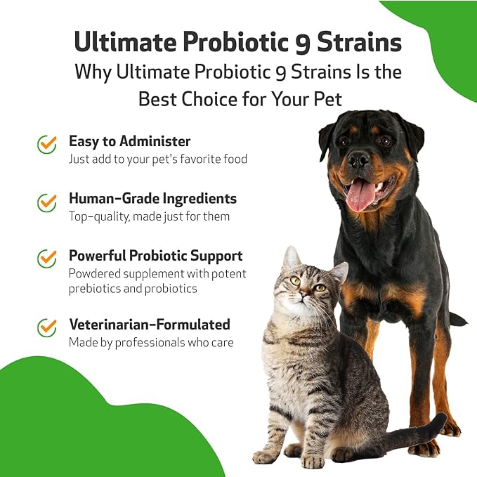 Pet Wellbeing Ultimate Probiotic 9 Strains for Dogs & Cats - Supports The Gut Microbiome and Digestion, Immune System Care, Urinary Tract Health, FOS, 2.5 Billion CFU - 11.29 oz (320 g) Powder