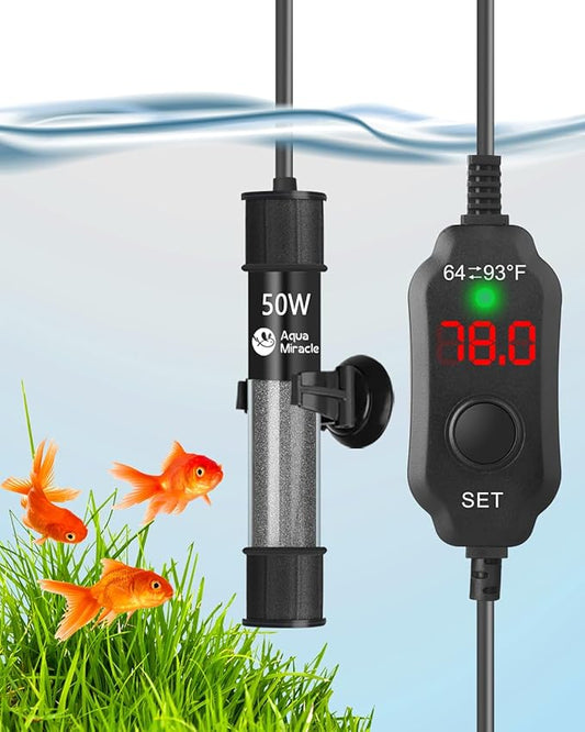 AquaMiracle Adjustable 50W Aquarium Heater Submersible Fish Tank Heater Super Short Aquarium Heater with LED Digital Display Thermostat, for Tanks 5-10 Gallons