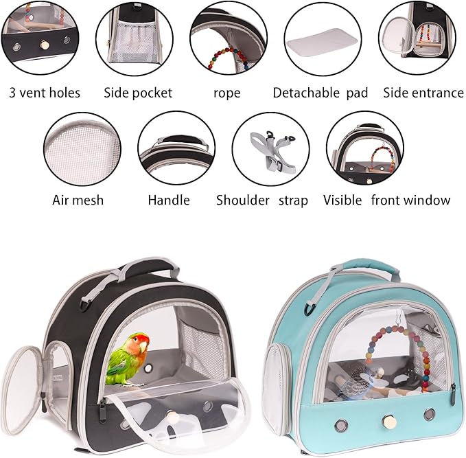 Portable Parrot Travel Cage Carrier with Small Swing Toy&Cage Colorful Toys Set Small Bird Parakeet Bag with Standing Perch Bird Carry Transport Bag (Black, Carreir/Swing)