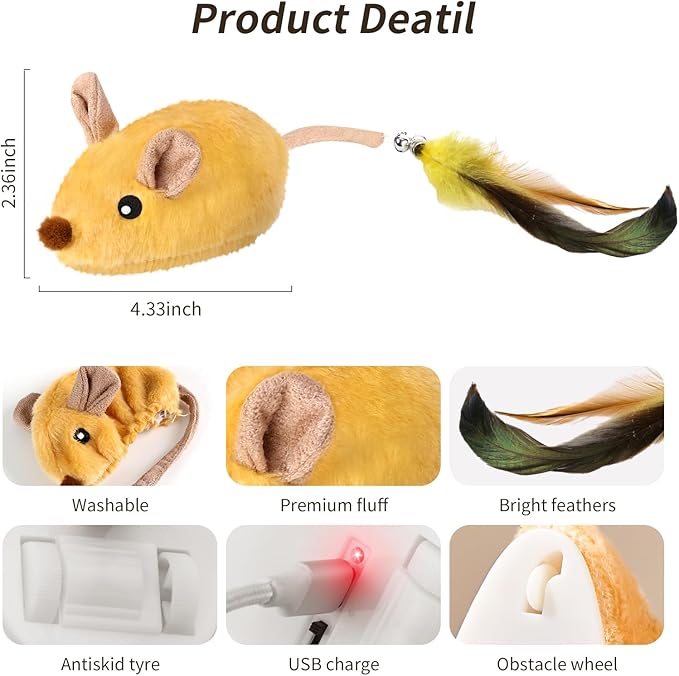 Interactive Cat Toys Mouse for Indoor Cats Rechargeable Cat Toy Mouse Toy Feather Bell Tail Lifelike Electric Automatic for All Breeds Boredom Exercise-Yellow