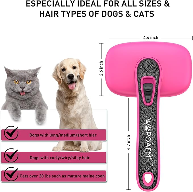 Self Cleaning Slicker Brush for Shedding Long Short Haired Dogs & Cats, Remove Loose Tangling Knot Undercoat Fur Mats, Grooming Brush with Retractable Bristles for Small Medium Large Pet, Pink