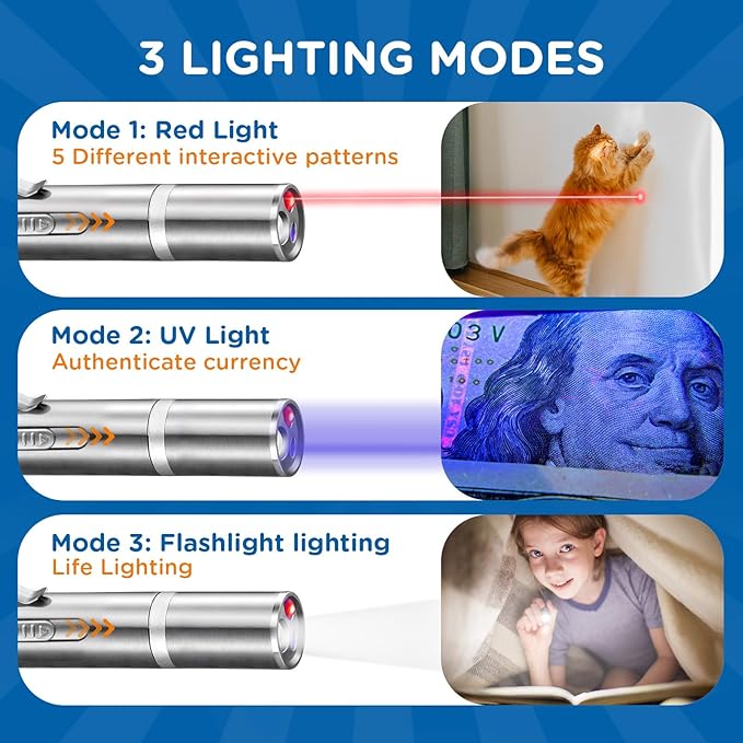 Cat Toy Pointer for Indoor, USB Rechargeable Toy, 3 Light Colors Cat Interactive Toys for Dogs, Cats, Pet Chase Toy for Fun Playing Training Exercise Indoors