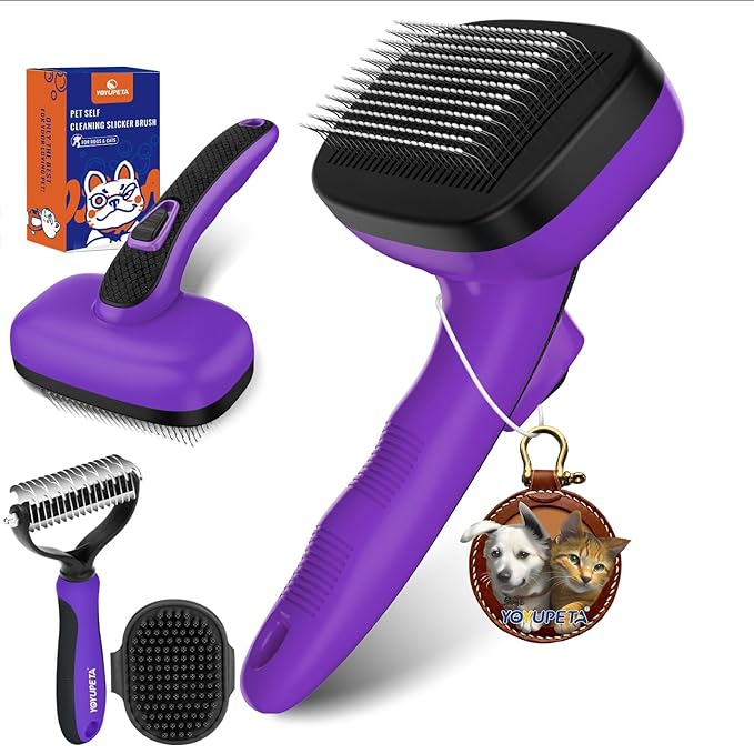 Dog Brush Kit - Self-Cleaning Slicker Brush with Bath Brush & Undercoat Rake | Deshedding Tools for Large - Small Dogs & Cats, Professional 3-in-1 Pet Grooming Set for Heavy Shedding, Purple