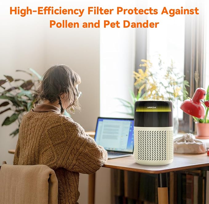 AIRROMI Air Purifier for Bedroom Home,HEPA Filter,Covers Upto 549 Ft²,Quiet 360°intake Air Cleaner with Fragrance ponge for Better Sleep,Night Light,Filters Smoke,Pet Dander,Allergies,Dust,A2005Yellow