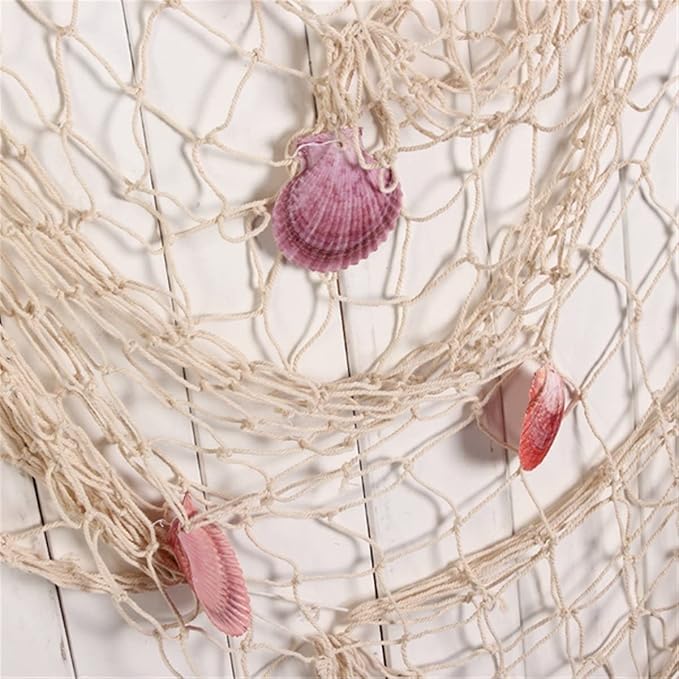 Nature Fish Net Wall Decoration with Shells, Ocean Themed Wall Hangings Fishing Net Party Decor for Pirate Party,Wedding,Photographing Decoration (2pack-Beige/Beige)