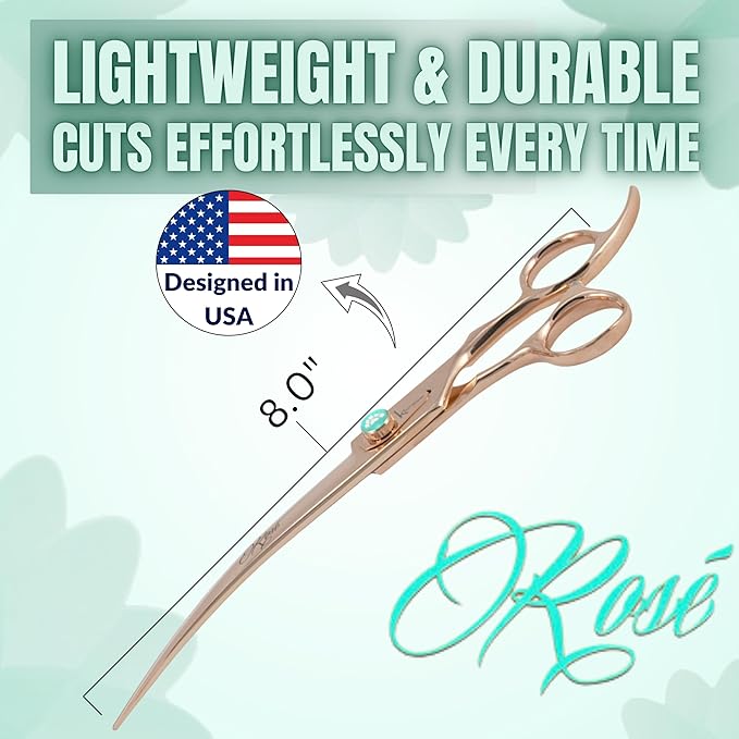Kenchii Rose Dog Grooming Scissors, 8 Inch Curved Shears, Dog Scissors for Grooming, Ergonomic Design for Comfort and Precision, Heavy Duty, Durable and Sharp