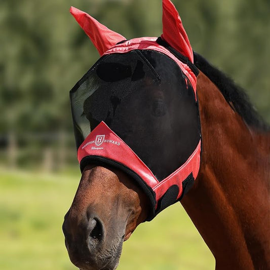 Harrison Howard Pro Luminous Horse Half Face Fly Mask Large Eye Space with Ears UV Protection for Horse Coral Orange M