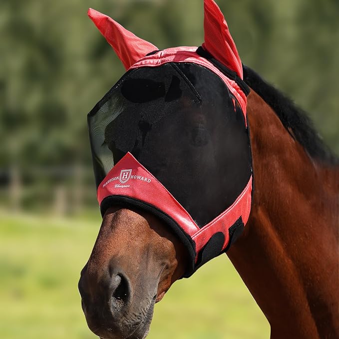 Harrison Howard Pro Luminous Horse Half Face Fly Mask Large Eye Space with Ears UV Protection for Horse Coral Orange XL