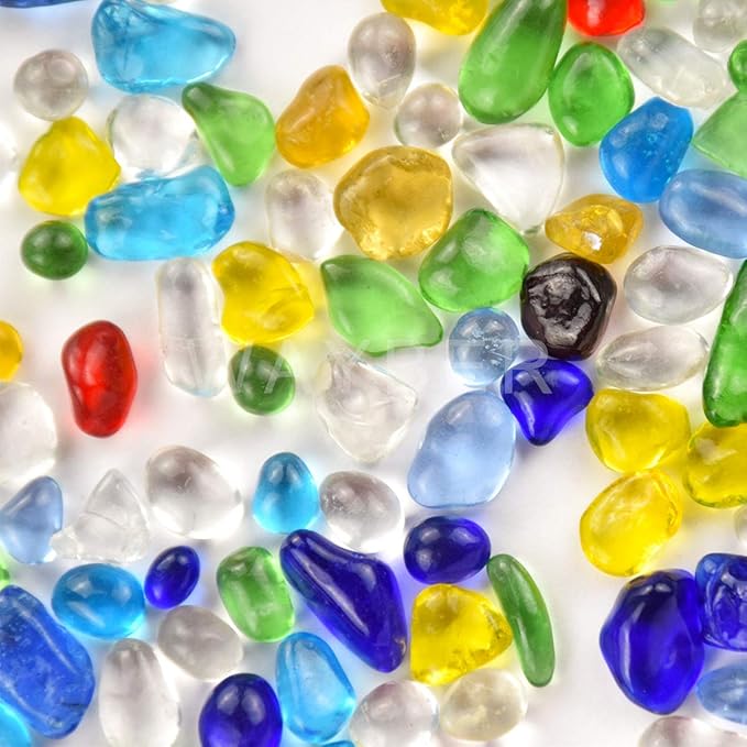 Rainbow Glass Stones, 1Lb/460g Irregular Sea Glass Pebbles Non-Toxic Artificial Crystal Stones for Handmade Artwork/Vase Filler/Terrarium Flowerpot Aquarium Turtle Tank Decoration, Multicolored