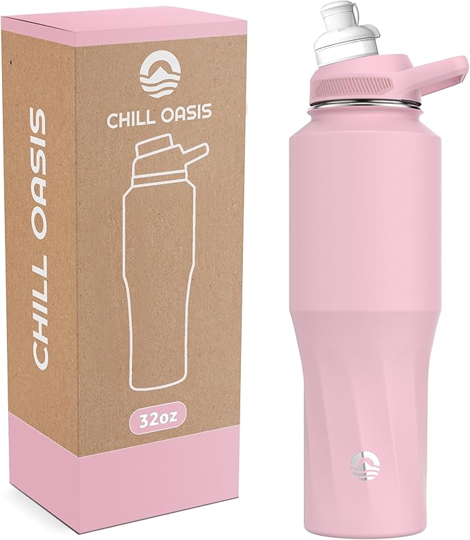 Chill Oasis Water Bottle | Compatible With Popular Flavor Cartridges | BPA Free, Leak Proof, Double-Walled Vacuum Insulated Stainless Steel, and Dishwasher Safe | Cold for 24 Hours (Pink, 32oz)
