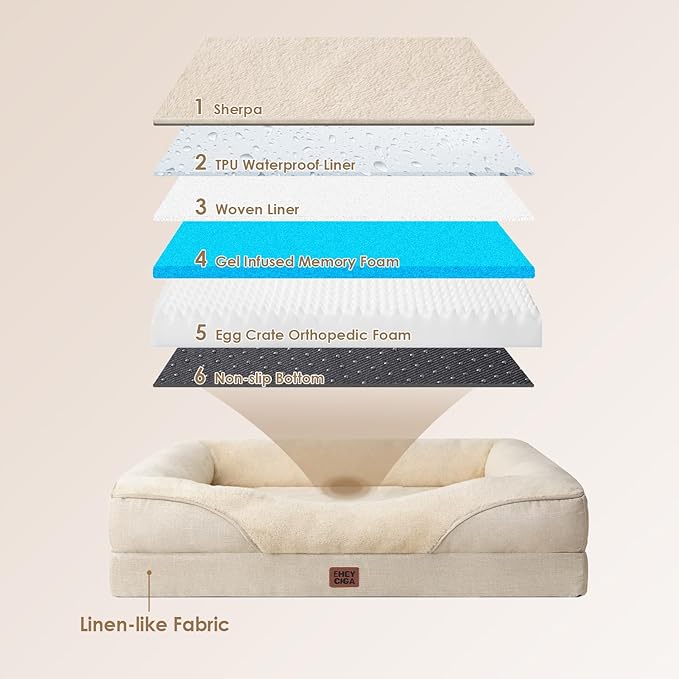 EHEYCIGA Memory Foam XL Dog Bed for XLarge Sized, Extra Large Orthopedic Dog Sofa with Sides and Waterproof Liner, Washable Bolster Pet Couch with Removable Cover, 48x35x7.5 Inch, Beige