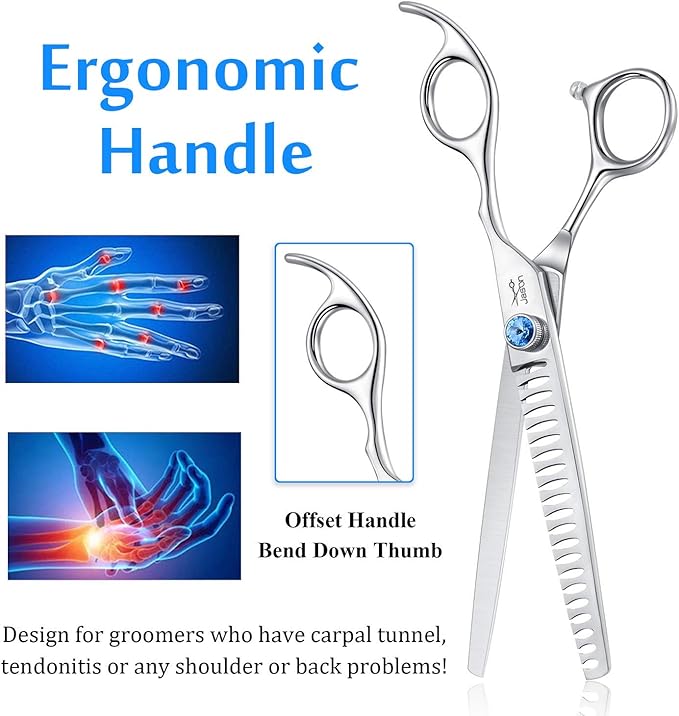 JASON 7 Inch 21-Teeth Chunkers Shears for Dogs, Ergonomic Cats Grooming Texturizing Blending Thinning Shears Pets Trimming Kit with Offset Handle, Sharp, Comfortable Shear