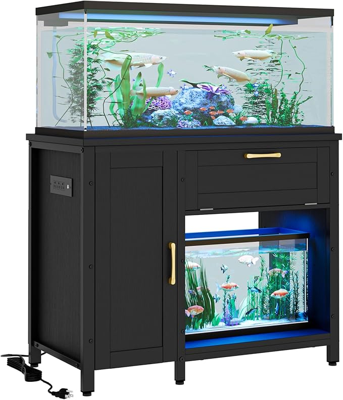 Bestier 40-50 Gallon Fish Tank Stand with Power Outlet&LED Light, 37x18 Heavy-Duty Metal Aquarium Stand with Cabinet&Drawer for Accessories Storage, Suit for Reptile/Turtle Terrarium,660Lbs Capacity