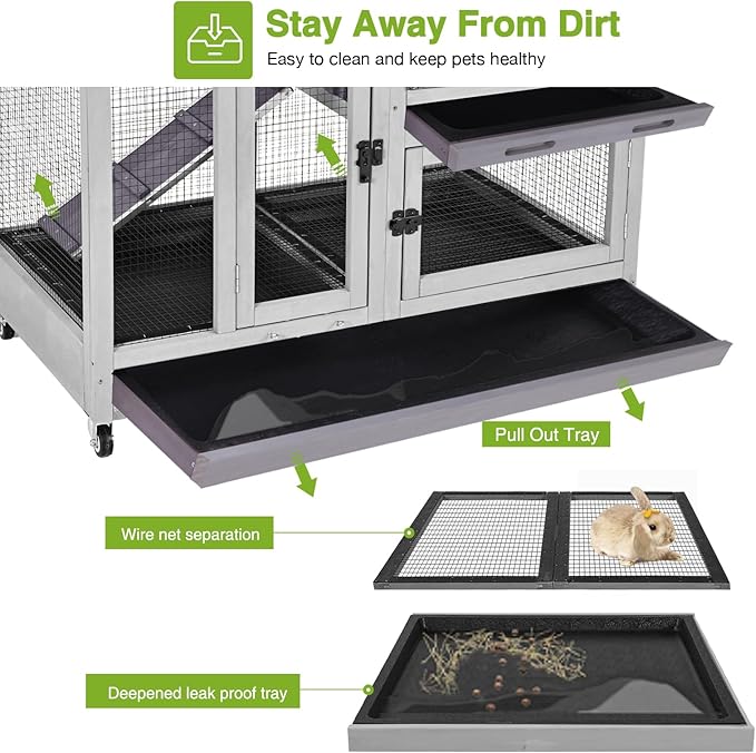 GUTINNEEN Two-Story Rabbit Hutch Large Bunny Cage with Wire Mesh Floor, Leak-Proof Trays, Lockable Wheels for Indoor and Outdoor Use, 40.6" L x 26" W x 37.6" H