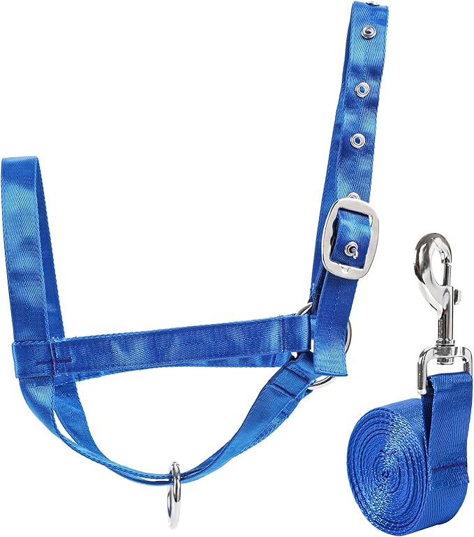 XUANNIAO Easily Adjustable Figure 8 Cow Halter, Double-Ply Premium Livestock Cattle Halters, Colorful Cow Utility Calf Halter with Leading Rope for Miniature Horse Donkey Goat Foal (Small, Blue)