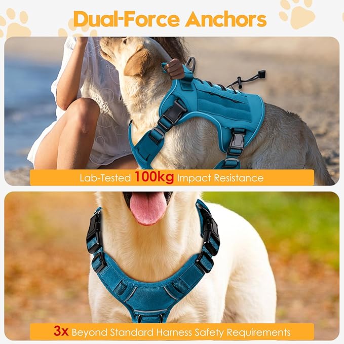 Heavy-Duty Tactical Dog Harness for Large Dogs, No Pull Adjustable Reflective Pet Vest with Molle System, K9 Military-Grade Control for Service Training, Outdoor & 10+ Breeds, Blue, XX-Large