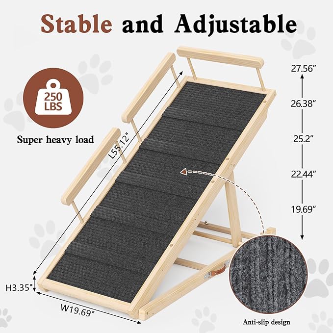 Dog Ramp for High Bed, Couch, Car, Pet Ramps 55.12" Long Adjustable 19.7"-27.6" Wooden Dog Step with High Traction Mat & Safety Side Rails for Small Medium Large Older Pets, up to 250 lbs