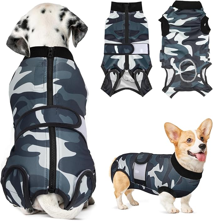 Lukovee Recovery Suit for Dogs, Zipper On Recovery Suit for Female Male Dog, Onesie Abdominal Wounds Cone E-Collar Alternative Prevent Licking Spay Recovery Suit (XX-Large, Camouflage)