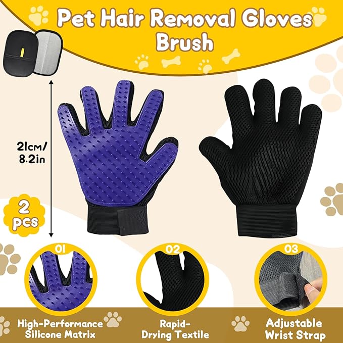 8 Pcs Pet Grooming Gloves for Shedding – 6x Reusable Cat & Dog Hair Removal Gloves+ 1 Pair 2-in-1 Deshedding Brush & Massage Mitt – Safe for Dogs & Cats, Efficient (Blue)