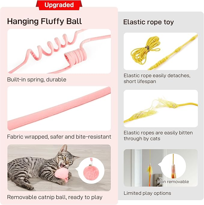Potaroma Hanging Fluffy Cat Catnip Ball Toys 3 Pcs with Bell, Interactive Cat Teaser Retractable Toys Indoor Kitten Play Chase Exercise Physical Stimulation