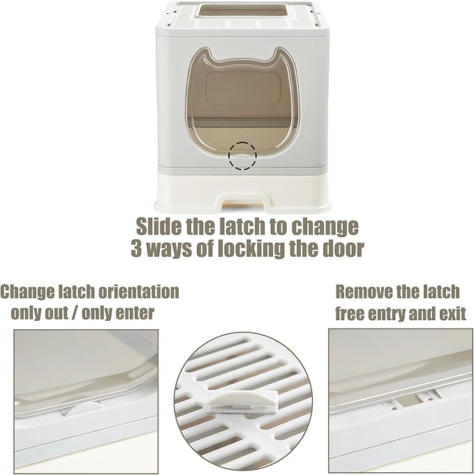 Gefryco Litter Box with Lid for Small to Medium Cats, Enclosed Cat Litter Box with Cover，High Sided Top Entry Cat Box with Brush and Scoop, Cute Kitty Litter Pan with Drawer for Growing Kittens(Grey)