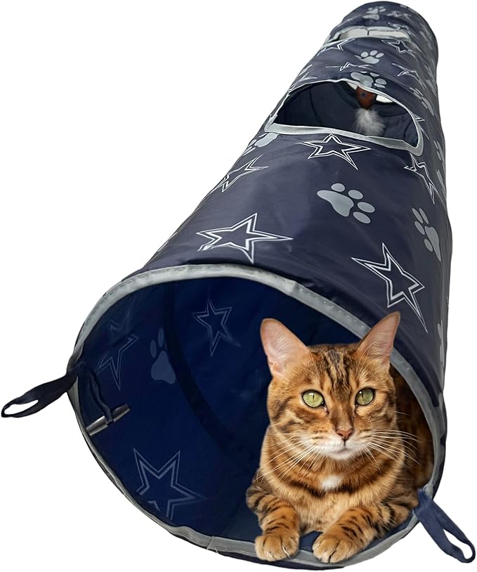 NFL Dallas Cowboys Cat Tunnel Tube Toy with Plush Football Catnip and Feathers Collapsible Tunnel for Cats to Play, Peek and Hide, Sporty & Fun Cat Tunnel Toy with Team Logo All-Over Design!