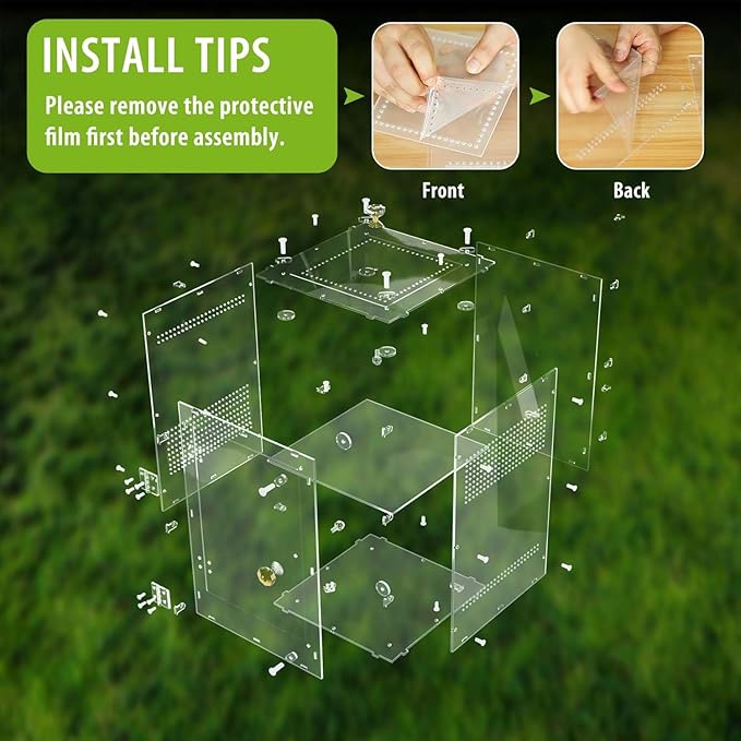 Large Jumping Spider Enclosure, 2 in 1 Acrylic Reptile Terrarium for Praying Mantis,Arboreal Tarantula,Frogs,Snails, 12"*8"*8" Breeding Habitat with Front & Top Opening Doors and Vent Holes