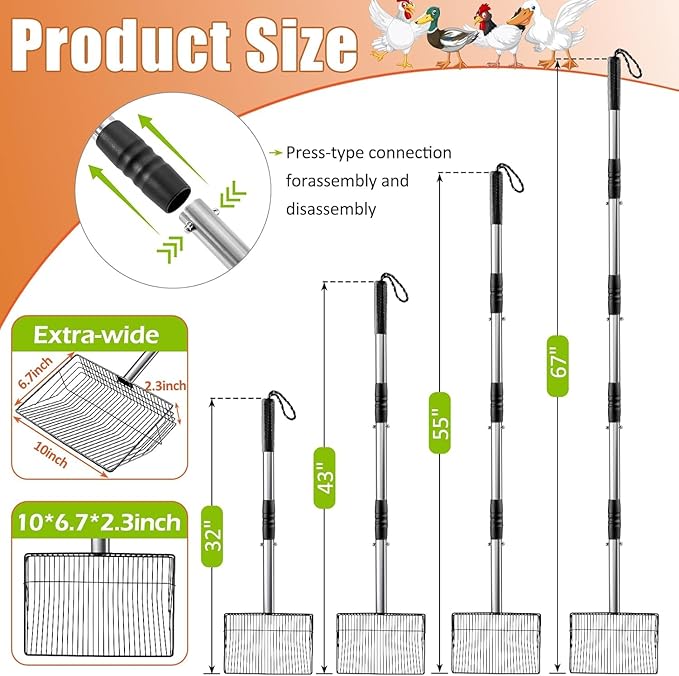 Chicken Poop Scooper, SUVEUS 10 inch Stainless Steel Coop Scoop, Adjustable 32"-67" Long, 5 in 1 Chicken Coops Shavings Shovel, Heavy Duty Sand Sifter Shovel