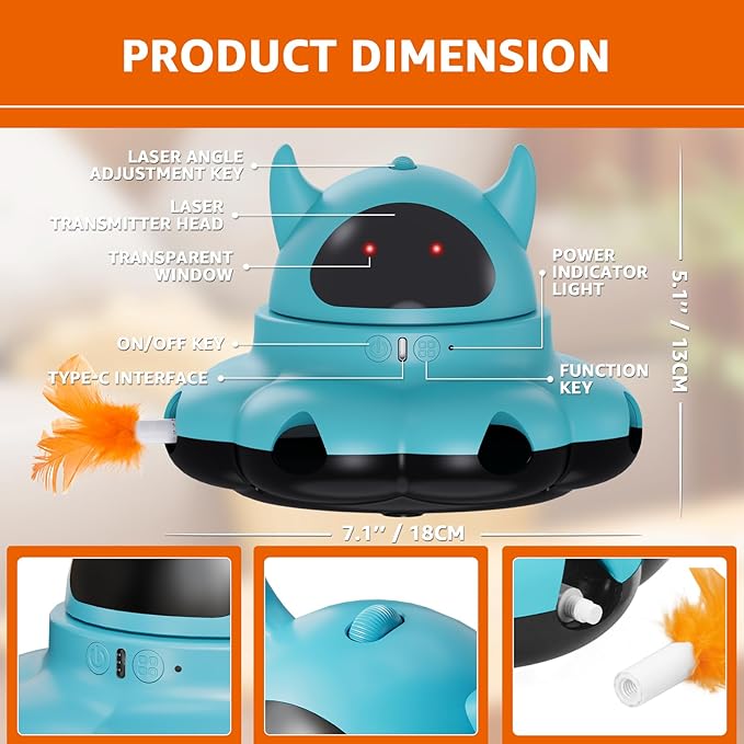 MIKK Cat Laser Toy Cat Feather Toys 2-in-1 Interactive for Indoor Cats Automatic with Remote Control Moving Ambush USB-C Rechargeable Electronic Kitten Toy for Indoor Exercise (Blue)