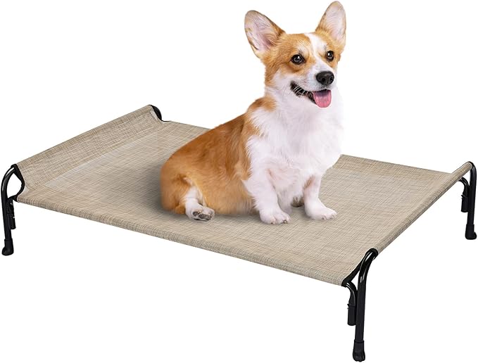 Veehoo Outdoor Elevated Dog Bed, Raised Dog Cot for Small Medium Dogs, Cooling Washable Waterproof Pet Hammock Beds with Slope Headrest, Breathable Mesh and Sturdy Frame, M, Beige Coffee, CWC2204