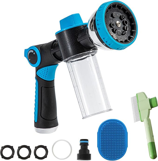 Dog Washing Hose Attachment, 10-in-1 Soap Sprayer Moden Garden Hose Nozzle with 100cc Soap Dispenser, Dog Wash Supplies with Dog Bath Brush & Pet Comb, Foam Gun Car Wash Sprayer (Blue)