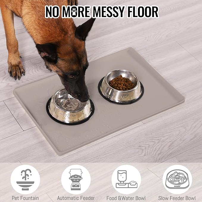 MateeyLife Dog & Cat Food Water Mat for Floors Waterproof, Nonslip Pets Bowl Feeding Mats with Raised Edges, Silicone Matt Tray for Messy Drinkers, 24"x16", Taupe